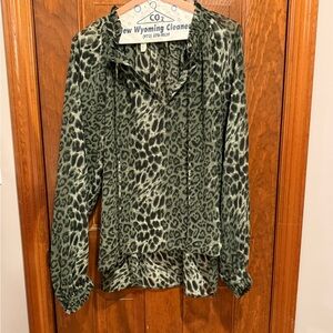 Elan Olive Green Animal-Print Long Sleeve Blouse